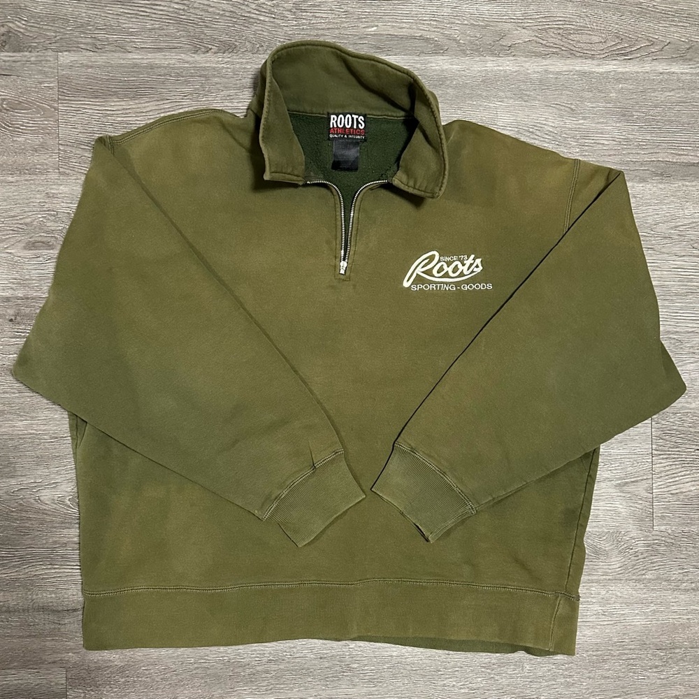 1990s - vintage Roots Quarter Zip sweat olive Green (Roots Sporting-Goods)